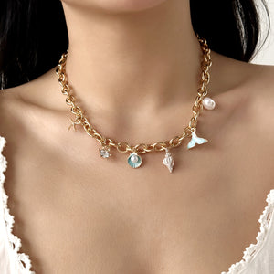 Women's Fashion Starfish Pearl Shell Fishtail Multi-pendant Necklace Bracelet