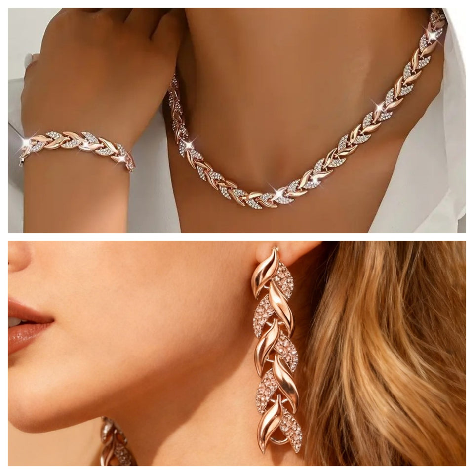2PCS Glass Leaf Necklace Set Elegant Rhinestone Chain Necklace Bracelet For Women Fashion Luxury Jewelry Set